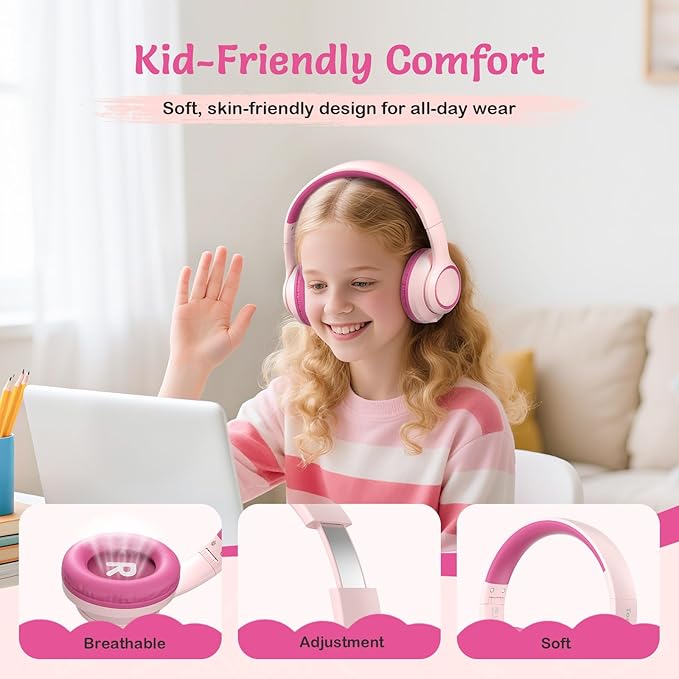 Kids Bluetooth Headphones with Active Noise Cancelling, Wireless Over-Ear Headphones for Boys Girls, Foldable, Adjustable, Safe Volume, 40H Playtime, Mic for School Travel(Pink)