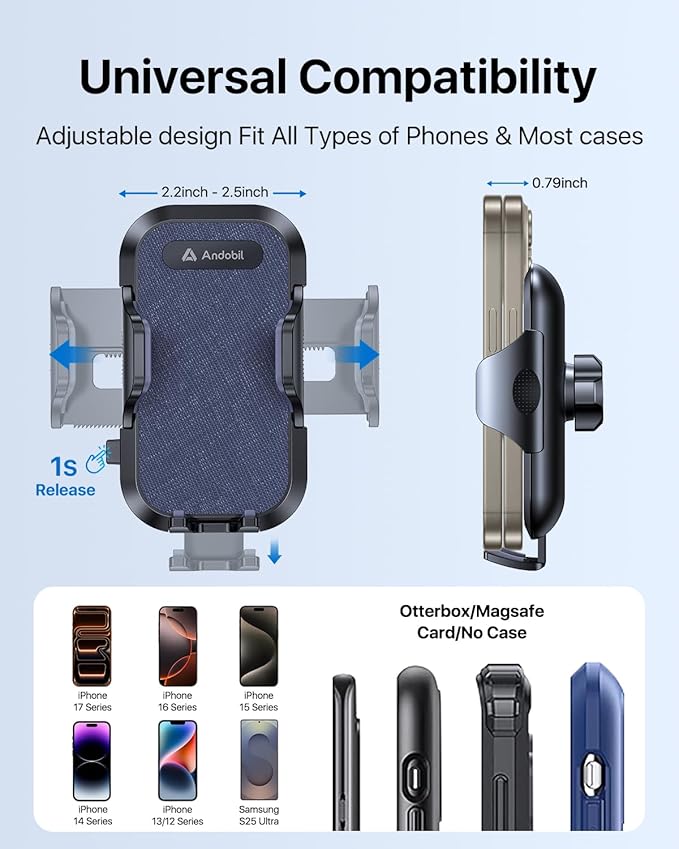 andobil Car Phone Holder, 2025 Military-Grade 89lbs Strongest Suction Phone Holders for Your Car Dashboard/Windshield/Vent Easy Clamp Cellphone Holder Truck Stand for iPhone 17 16 15 Pro Max, Blue