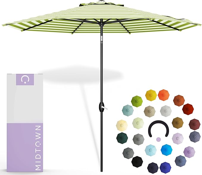 Midtown Umbrellas The Lean 6 Feet Outdoor Umbrella With Terylast Pear Stripes (Green/White Stripes) Polyester Fabric - Auto-Tilt Aluminum Frame Patio Umbrella For Deck, Garden, Pool - Black Pole