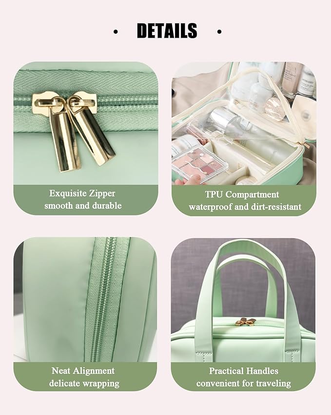Travel Makeup Bag for Women, Large Capacity Cosmetic Bags for Girls, Compact Pouch Make up Organizer, Waterproof Toiletry Bag with Divider and Handle (Green2)