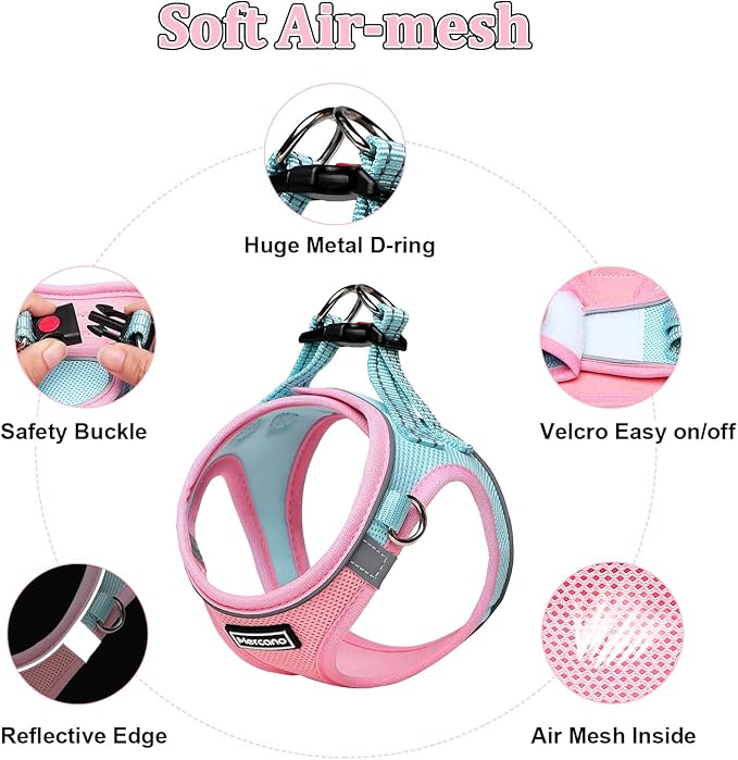 Mercano Soft Mesh Dog Harness and Leash Set, No-Chock Step-in Reflective Breathable Lightweight Easy Walk Vest Harnesses with Safety Buckle for Small Dogs, Cats (XXS, Pink Blue)