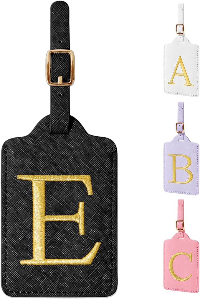 Personalized Initial Luggage Tags for Suitcase TSA Approved, Black Leather Cute Luggage Tag with Privacy Cover Name Card, Embroidered Custom Luggage Tags Travel Backpack Tags Gifts for Women Kids(E)