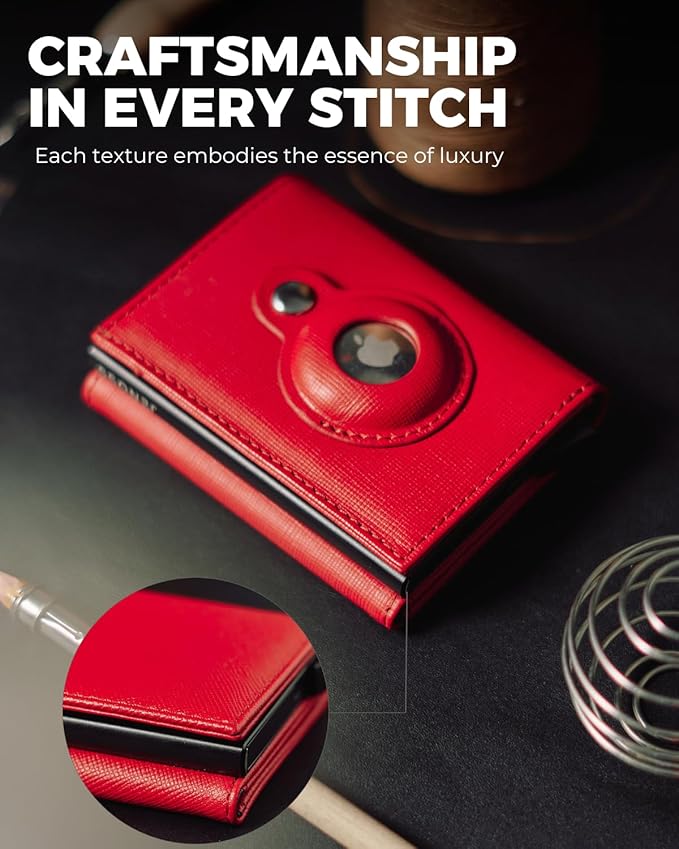 Jenoss Smart AirTag Wallet for Men & Women: Full Grain Leather, Black Pop Up Case, Slim, RFID Blocking, Credit Card Holder Apple Air Tag Tracker Trifold Minimalist 12 Slot ID (Red & Black)