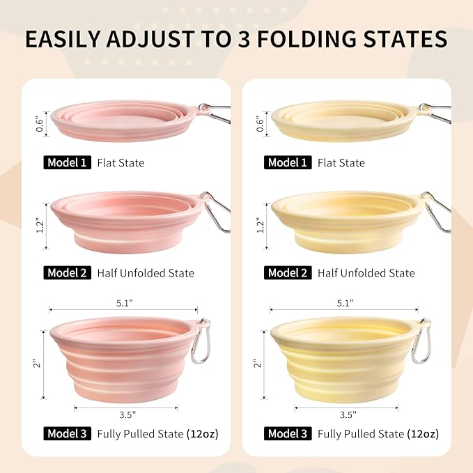 Collapsible Dog Bowls 2-Pack, Portable Travel Dog Bowl with Carabiner, Food-Grade Silicone Pet Bowl for Hiking, Walking (Macaron Pink and Yellow)