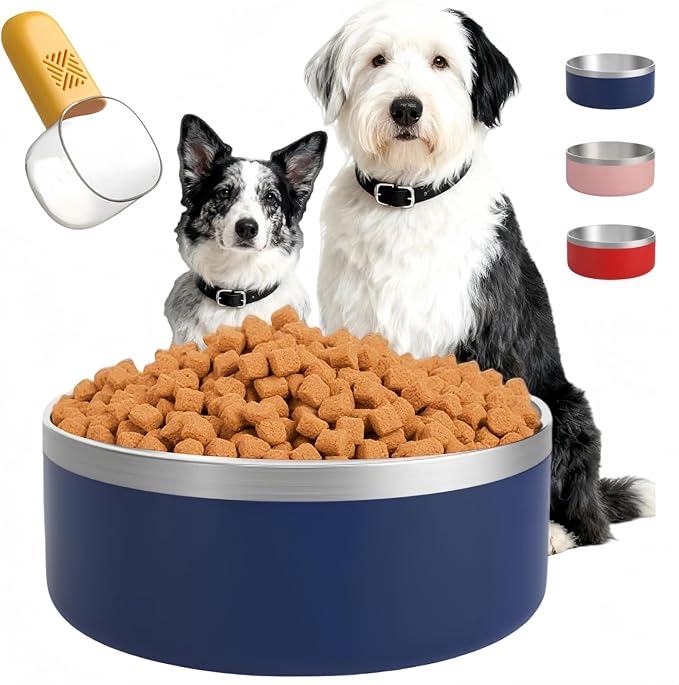 Dog Bowls Medium Sized Dogs-Large Breed 1.9l/64oz Double Layer Stainless Steel Outdoor Dog Water Bowl,Puppy Insulated Food Bowl,with Non-Slip Bottom and 1pc 8oz Food Scoop (Blue, 64 oz)