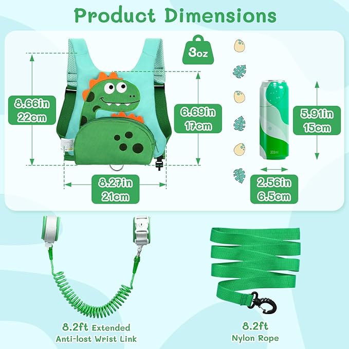 3 in 1 Toddler Harness Leash + 8.2ft Anti Lost Wrist Link, Cute Dinosaur Kids Safety Harness Tether with Key Lock, Child Protective Leashes While Walking for Outdoor Activity Keep Kids Close