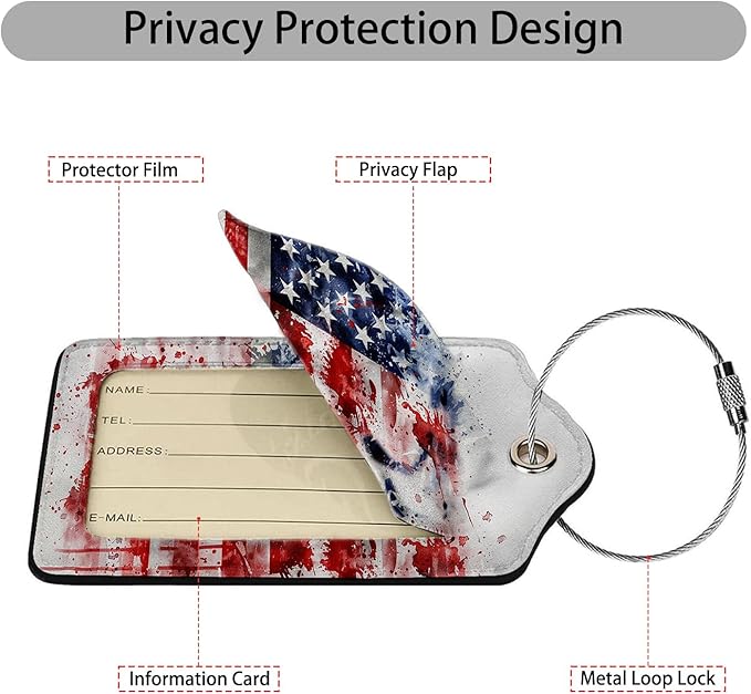 American Flag 3 Pack Luggage Tags, PU Leather Luggage Tags for Suitcase,Name ID Labels with Privacy Cover Suitcases and Metal Loop for Travel Bag Suitcase
