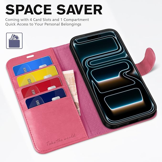TUCCH Wallet Case for iPhone 17 Pro Max (6.9") 2025, 4 Card Slots | RFID Blocking | Stand | Shockproof TPU Shell | PU Leather | Magnetic Closure | Protective Flip Folio Cover | Hot Pink