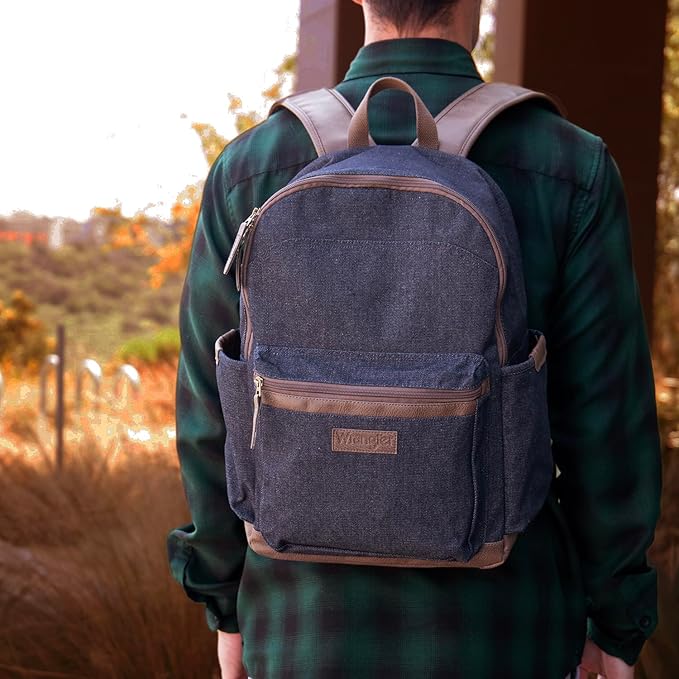 Wrangler Powell Backpack for Travel Classic Logo Water Resistant Casual Daypack for Travel with Padded Laptop Notebook Sleeve (Denim)