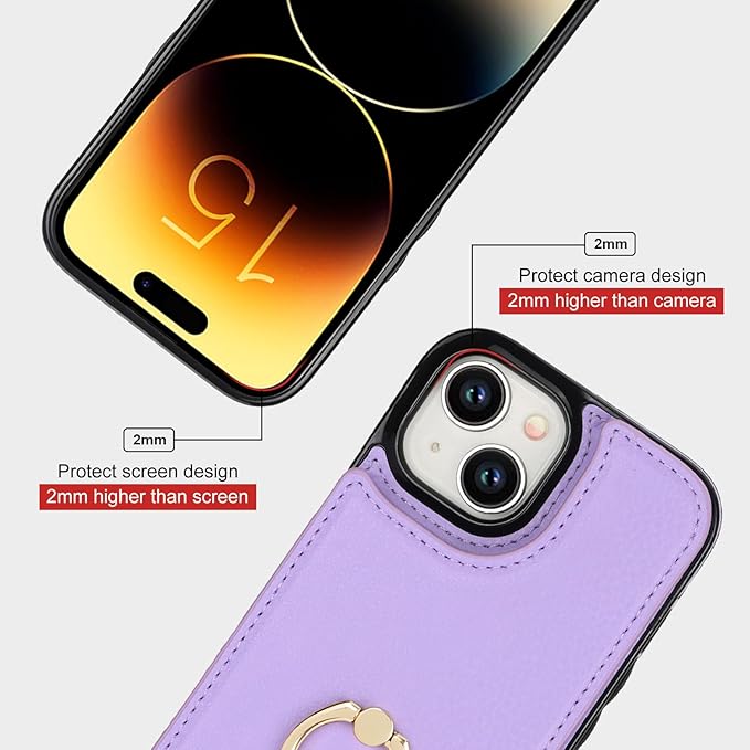 Folosu Compatible with iPhone 15 Case Wallet with Card Holder, 360°Rotation Finger Ring Holder Kickstand, RFID Blocking Leather Protective Double Buttons Shockproof Cover 6.1 Inch (Purple)