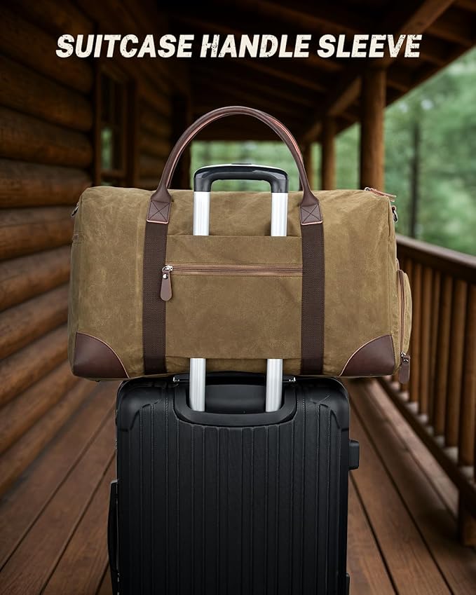 Gonex Waxed Canvas Duffle Bag for Travel, Water-resistant Vintage 55L Duffel Weekender with Shoes Compartment & Luggage Tag, Heavy-duty Overnight Bag with Suitcase Handle Sleeve for Men, Coffee