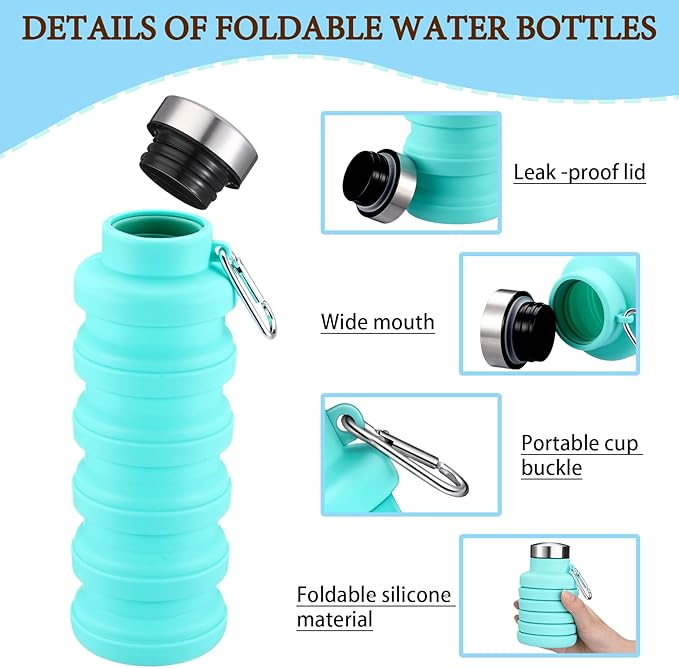 Baderke 2 Pcs Collapsible Water Bottles 17oz Silicone Travel Foldable Portable Water Bottle with Buckle Silicone Lightweight Reusable Leakproof for Camping Hiking Cycling Sport(Green, Black)