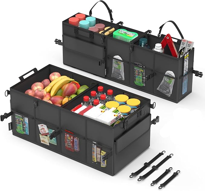 Car Trunk Organizer for SUV 60L Backseat Car Organizer Back Seat Large Storage Trunk Compartment Collapsible Car Caddy Heavy Duty Truck Storage Bin w/6 Pockets Adjustable Straps Cargo Van Jeep Sedan