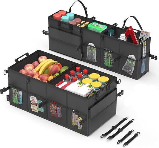 Car Trunk Organizer for SUV 60L Backseat Car Organizer Back Seat Large Storage Trunk Compartment Collapsible Car Caddy Heavy Duty Truck Storage Bin w/6 Pockets Adjustable Straps Cargo Van Jeep Sedan