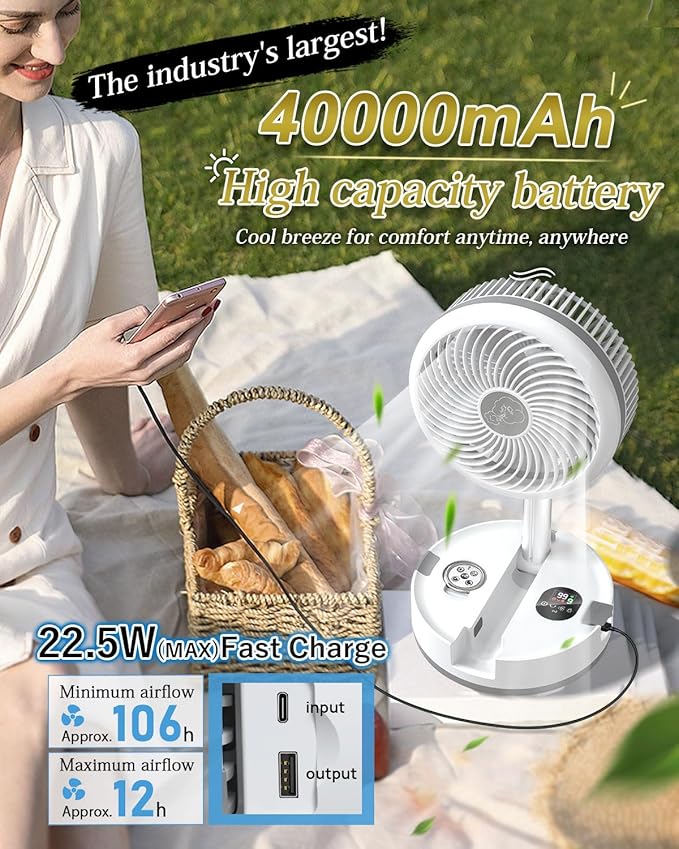 10 inch Portable Fan-Battery Operated Fan, Oscillating Rechargeable Fan with 40000mAh, Remote Control LED Lights, 114HR Run Time, Outdoor Portable Foldable Fan for Camping＆travel (White)