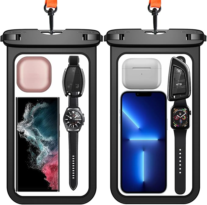 Temdan 2 Pcs Waterproof Phone Pouch, [Up to 10" Large] Universal IPX8 Waterproof Cell Phone Case Dry Bag with Lanyard for iPhone 16 Pro Max/16E/15/14/13,Galaxy S25 Ultra/S24/S23 for Vacation -Black