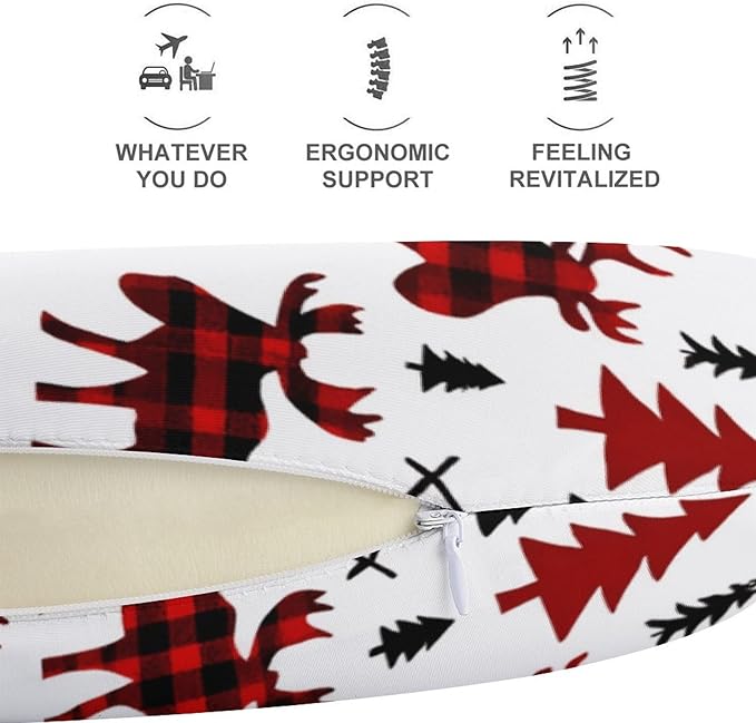 Memory Foam U-Shaped Travel Pillow Neck Pain Relief, Buffalo Plaid Woodland Moose Art U-Shape, Removable Cover Airplane Car Office