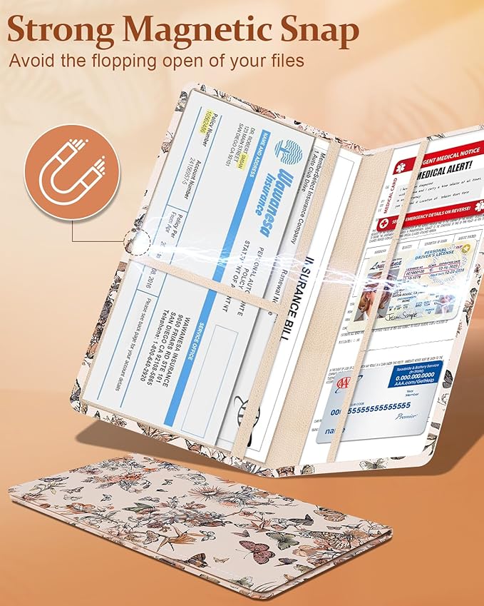 Slohif Car Registration and Insurance Holder - Vintage Vehicle Glove Box Organizer Women with Magnetic Shut Leather Automobile License Holders Coasters Auto Accessories Case for Document