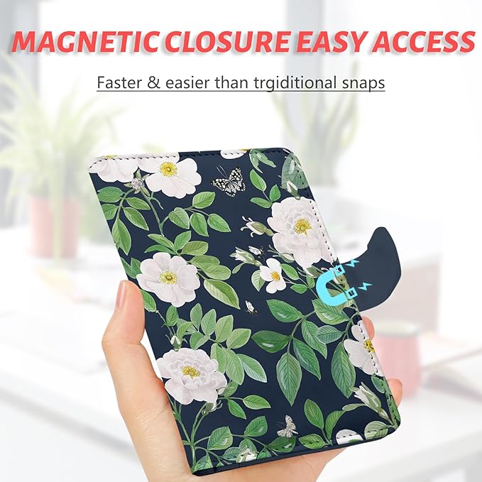 Passport Holder, Travel Wallet Cover with Pen Loop | Cute RFID Blocking Leather Case with Magnetic Closure for Travel Essentials-flower