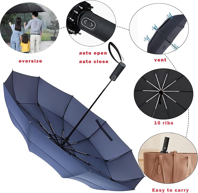 MRTLLOA 49/54/62 Inch Large Folding Golf Umbrella, Oversize Double Canopy Vented 10 Ribs Windproof Compact Travel Umbrellas for Rain
