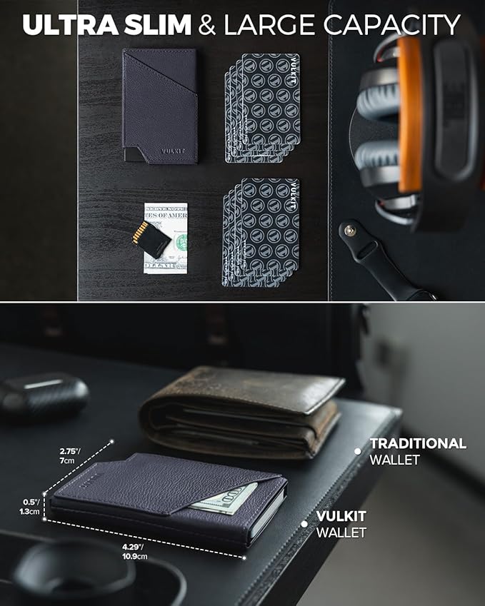 VULKIT Pop up Card Wallet Genuine Leather RFID Blocking Slim Aluminum Metal Bank Card Holder Case with Business Money Pocket for Credit Cards Notes and Coins Blue