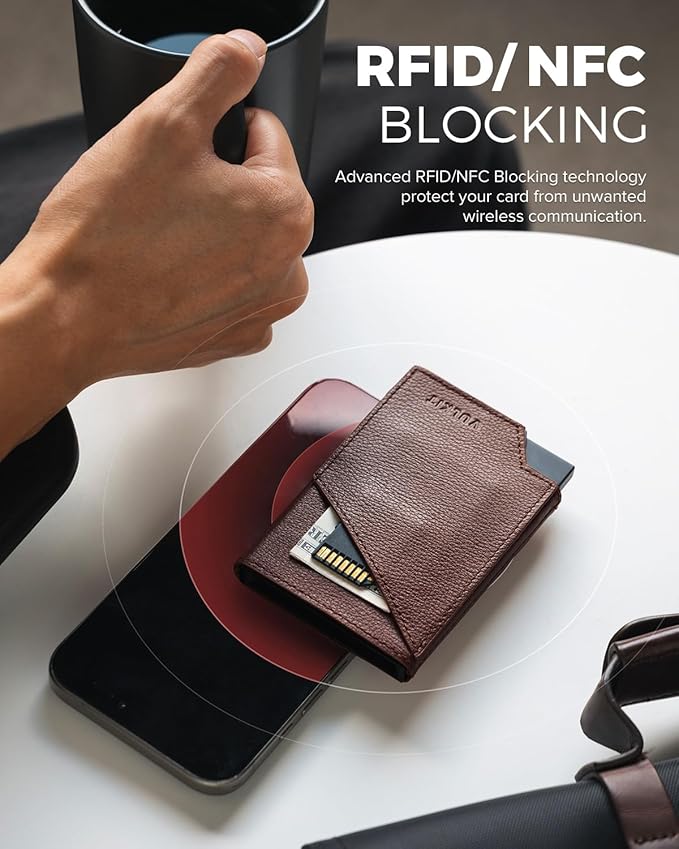 VULKIT Pop up Card Wallet Genuine Leather RFID Blocking Slim Aluminum Metal Bank Card Holder Case with Business Money Pocket for Credit Cards Notes and Coins Espresso