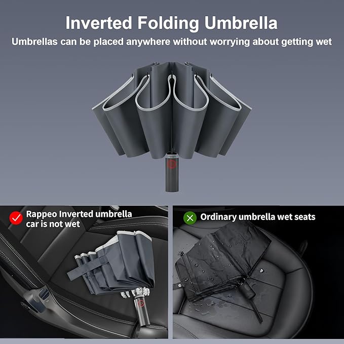 Rappeo 4-in-1 Inverted Travel Umbrella Compact, Automatic Large Umbrellas for Rain & Sun, Portable Windproof Umbrella for Backpack, Reverse Folding Umbrella for UV with Reflective Strips,Lightweight