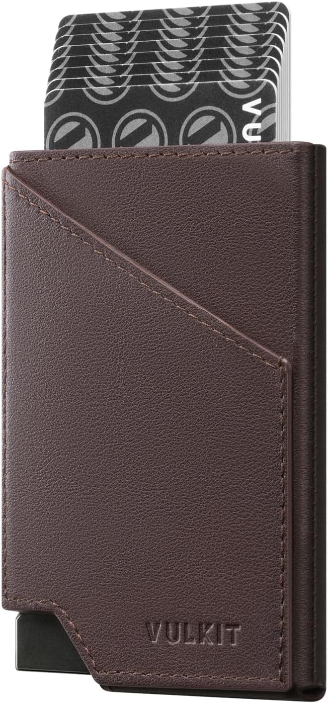 VULKIT Pop up Card Wallet Top-Grain Genuine Leather RFID Blocking Slim Aluminum Metal Bank Card Holder Case with Business Money Pocket for Credit Cards Notes and Coins Espresso