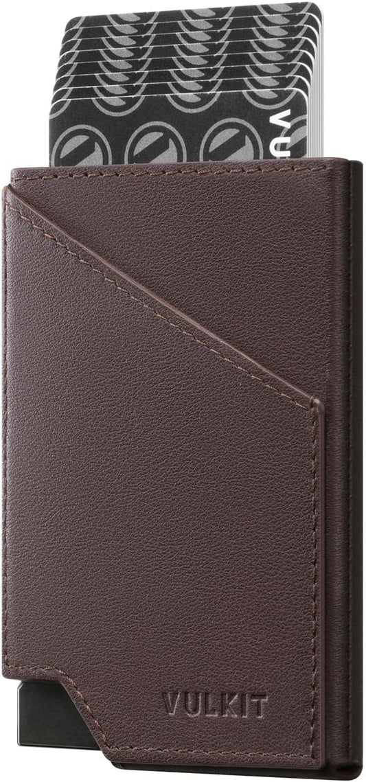 VULKIT Pop up Card Wallet Top-Grain Genuine Leather RFID Blocking Slim Aluminum Metal Bank Card Holder Case with Business Money Pocket for Credit Cards Notes and Coins Espresso