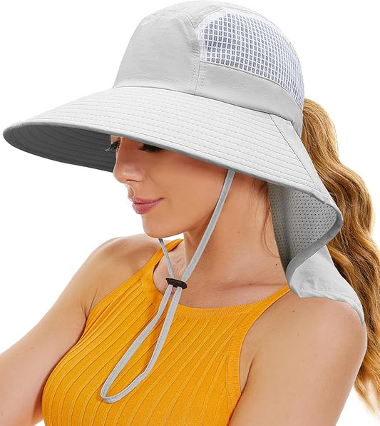 Sun Hats for Women UV Protection with Neck Flap Wide Brim Beach Hats with Ponytail Hole for Hiking Fishing Gardening Travel