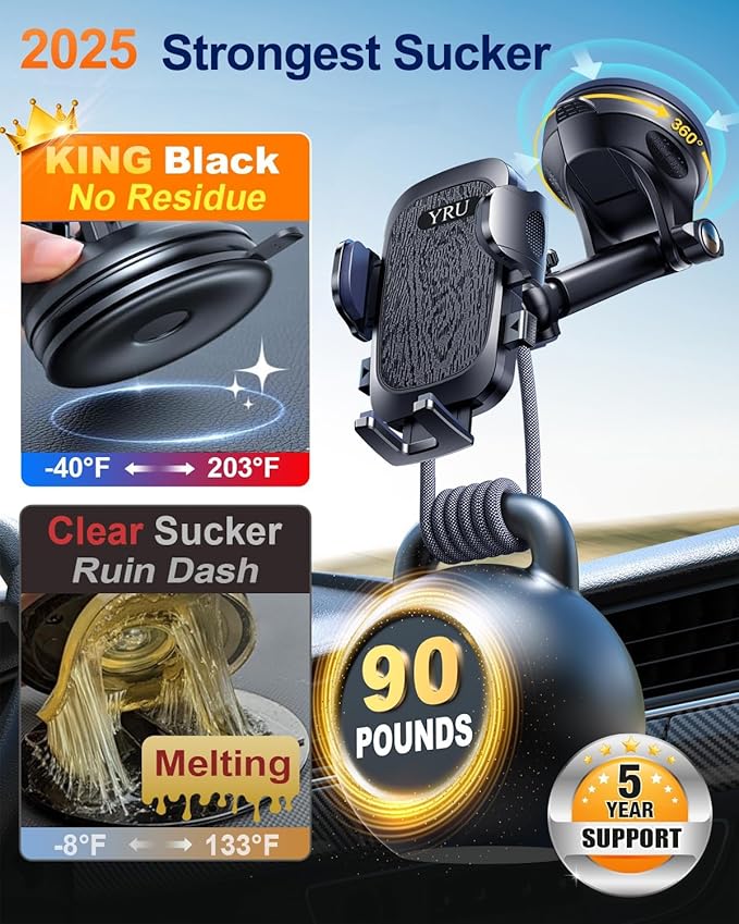 YRU True Military-Grade [360° Rotation Suction] 2025 Ultimate Car Phone Holder Mount 【90+LBS Safest Strongest & Patent Certs】 Dashboard Windshield Vent for iPhone 17 16 Pro Max Samsung, Jet Black