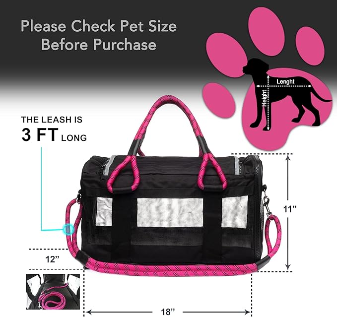FLUFFY COMMUTE™ TSA Airline Approved Dog Carrier | Soft-Sided | Fits Small Dogs & Pets Up to 15 lbs & 17” Long × 11” Tall | Black w/Pink Handle