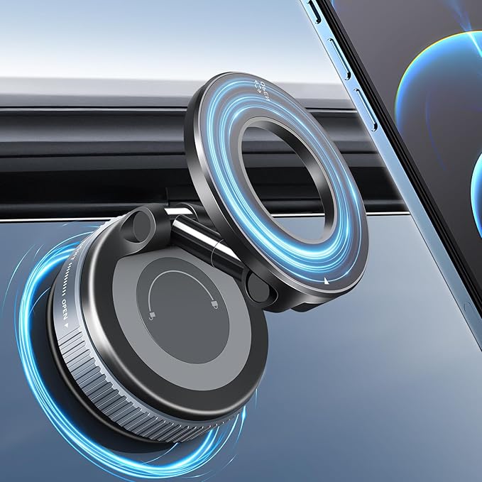 Vacuum Suction Magnetic Phone Holder, 2025 Upgraded Foldable Retractable Suction Cup Car Phone Mount for Magsafe, 360° Adjustable Magnetic Phone Stand for Cars/Gyms/Mirrors/Smooth Surface