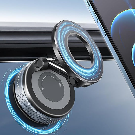 Vacuum Suction Magnetic Phone Holder, 2025 Upgraded Foldable Retractable Suction Cup Car Phone Mount for Magsafe, 360° Adjustable Magnetic Phone Stand for Cars/Gyms/Mirrors/Smooth Surface