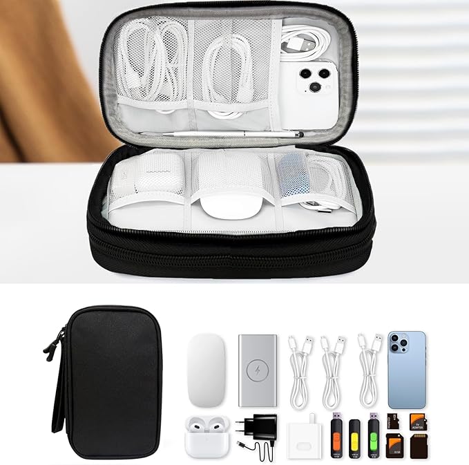 SUNRISING Travel Electronic Organizer Bag - Portable Waterproof Double Layer Large Capacity Storage Case for Charger, Cables, Phone, Earphone, Flash Drive & More Travel Essentials (Black)