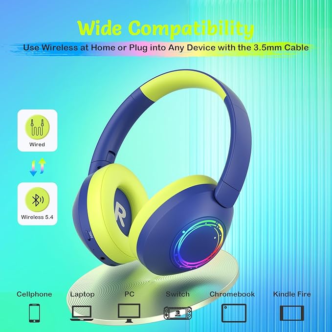 Noise Cancelling Headphones for Kids,Colorful RGB LED Lights, 60H Playtime, Bluetooth 5.4 Wireless Over-Ear Headset Built-in Microphone for Home/School/Party- Includes Portable Case (Blue)
