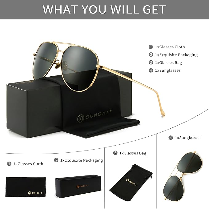 SUNGAIT Women's Lightweight Oversized Aviator Sunglasses - Classic Style Polarized Lens