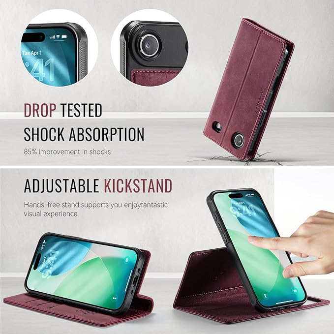 PlusnapX Wallet Case for iPhone Air Compatible with Magsafe, 2-in-1 PU Leather Flip RFID Blocking Card Holder Stand ShockAirof Magnetic Detachable Case for iPhone 17 Air Case 6.5", Burgundy