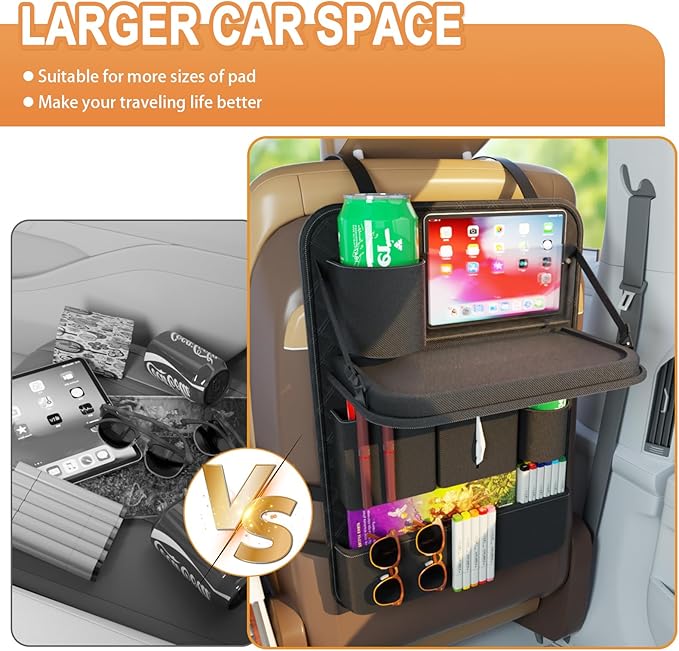 GMQ Backseat Car Organizer with Tray,Back Seat Car Organizer for Kids,Multifunctional Seat Back Organizer with Foldable Tablet Holder (Black, 1PC)