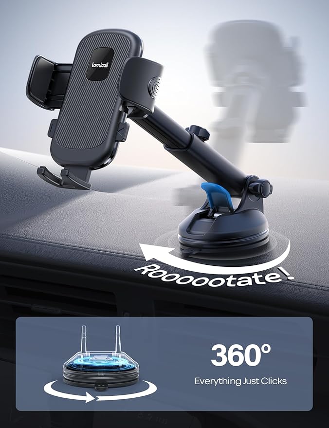 Lamicall Car Phone Mount - [Strongest Military-Grade Suction Cup] 360° Rotation Phone Holders for Your Car Quick Release Adjustable Phone Mount for Car Dashboard for iPhone 17 16 Pro Max Dark Grey