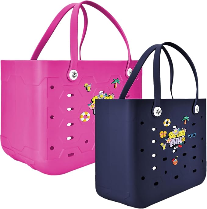 2-Piece Tote Bag Set, Waterproof Rubber Beach Bag with Summer Pattern, Medium & Large Handbag for Pool, Beach, Boat