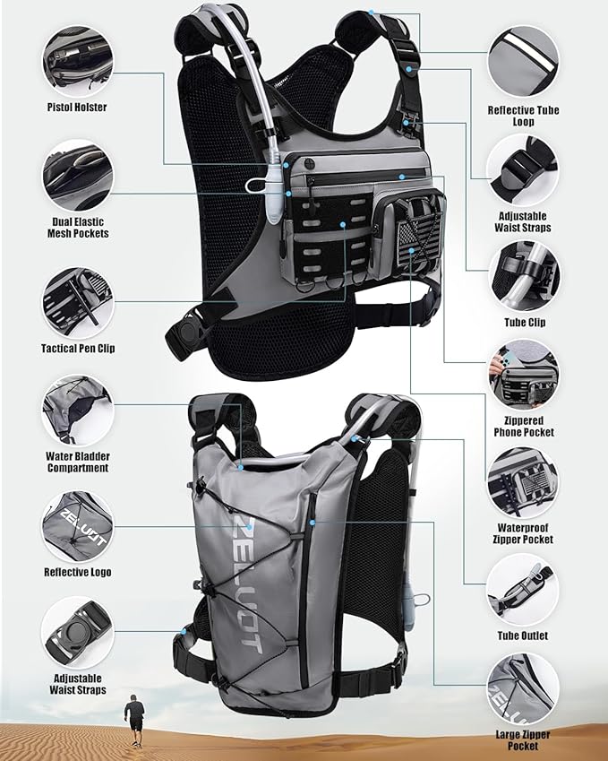 Running Vest with 2L Water Bladder, Hydration Pack, USA Original Patent, Lightweight Hydration Backpack with Gear Holder, Reflective Chest Pack for Men Women for Marathon Hiking