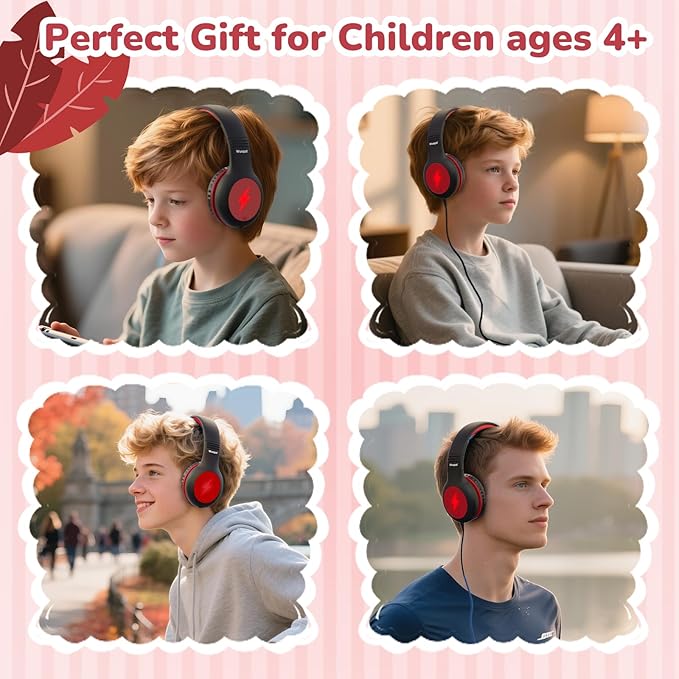 Kids USB C Headphones for School, 2025 Upgrade Safe Listening Wired Over-Ear Headphones with LED Lights, Volume Limiter & Microphone, Foldable Design for iPhone 16, iPad, Tablet (Black Red)