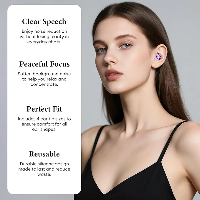 Noise Cancelling Ear Plugs 45dB – Reusable Silicone Earplugs for Sleeping, Snoring, Travel, Concerts & Work with 8 Eartips – Soft Comfortable Hearing Protection (Purple, One Size)