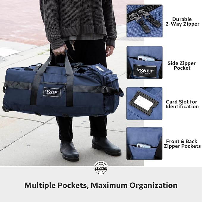 STOVER 80L Rolling Duffel Bag with Wheels, Large 31 Inch Durable Travel Duffle + Toiletry Bag, Heavy Duty, Packable, Foldable w/Shoulder Straps- Use as Luggage or Backpack, Men/Women (Blue)