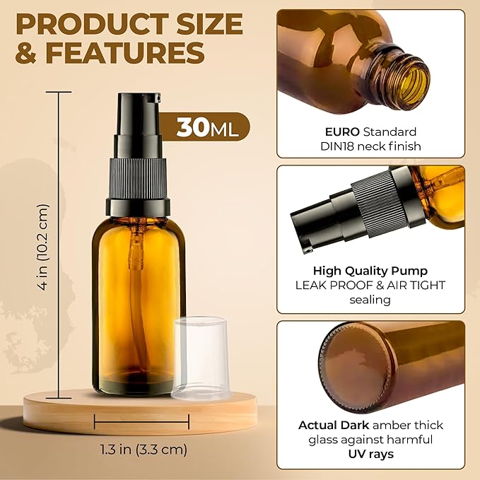 6 Pack, 3 30ml (1oz) & 3 15ml (0.5oz) Empty Refillable Glass Amber Pump Bottle Ideal for Lotion Cream Essential Oil Travel Small Container, Convenience Pack