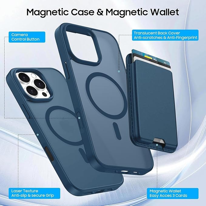 Ntwinro Magnetic for iPhone 16 Pro Case (Compatible with MagSafe) with Detachable Wallet & Card Holder for 3 Cards [RFID Blocking] Military Grade Protective Slim Phone Cover, Deep Blue