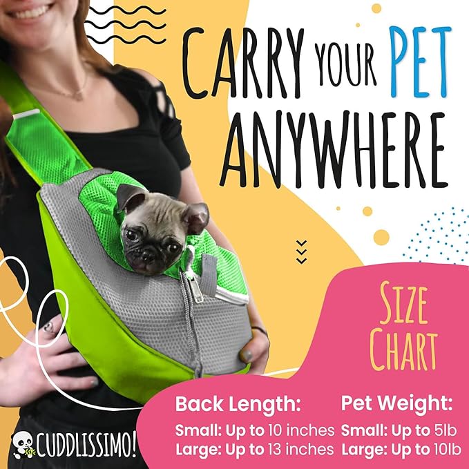 Cuddlissimo! Pet Sling Carrier - Small Dog Puppy Cat Carrying Bag Purse Pouch - for Pooch Doggy Doggie Yorkie Chihuahua Baby Papoose Bjorn - Hiking Travel Front Chest Body Holder Pack to Wear (Green)
