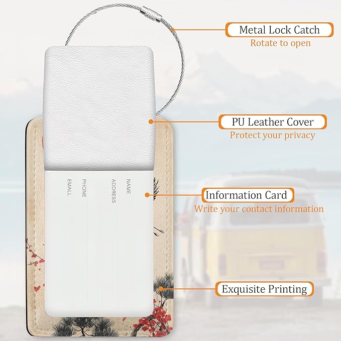Plum Blossom Luggage Tags for Suitcase 3 Pack, Privacy Cover ID Label with Stainless Steel Loop and Address Card for Travel Bag Suitcase