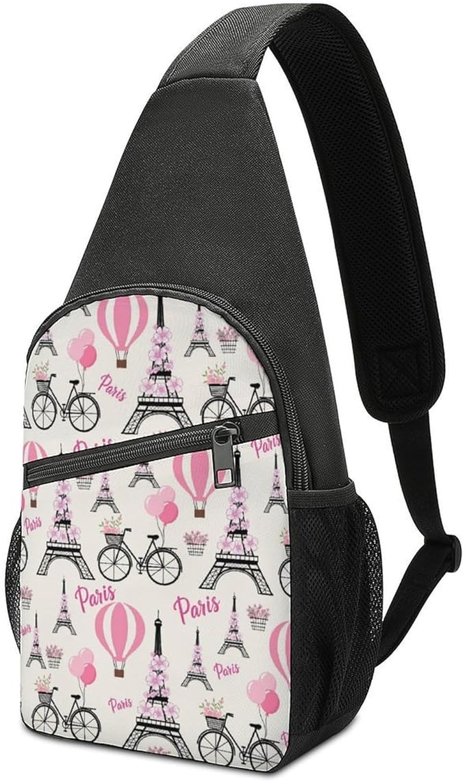 SWEET TANG Large Capacity Sling Chest Bag Backpack, Fashion Daypack Pink Paris Eiffel Tower, Cross Body Funny Shoulder Sack with Adjutable Strap for Men Women Travel